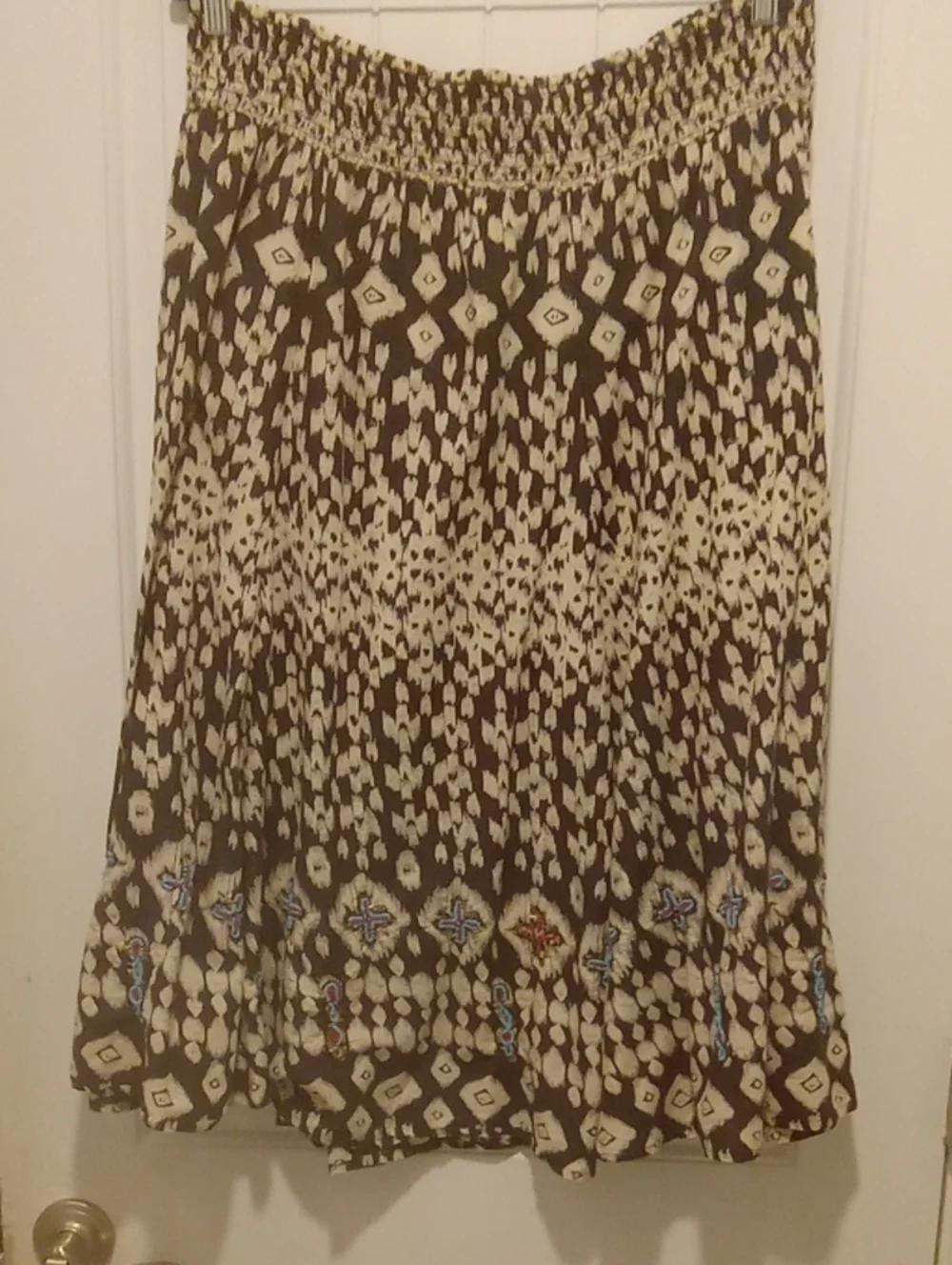 Style & Co. Brown and Cream Printed Maxi Skirt with Embroidered And Beaded Hem